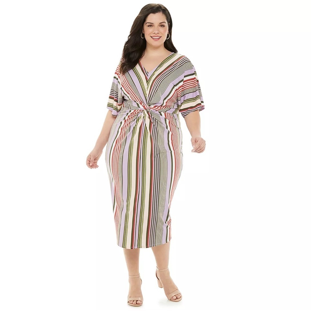 EVRI Striped Gathered-Front Dress Multi Color 2X Jersey Knit Dolman Sleeves